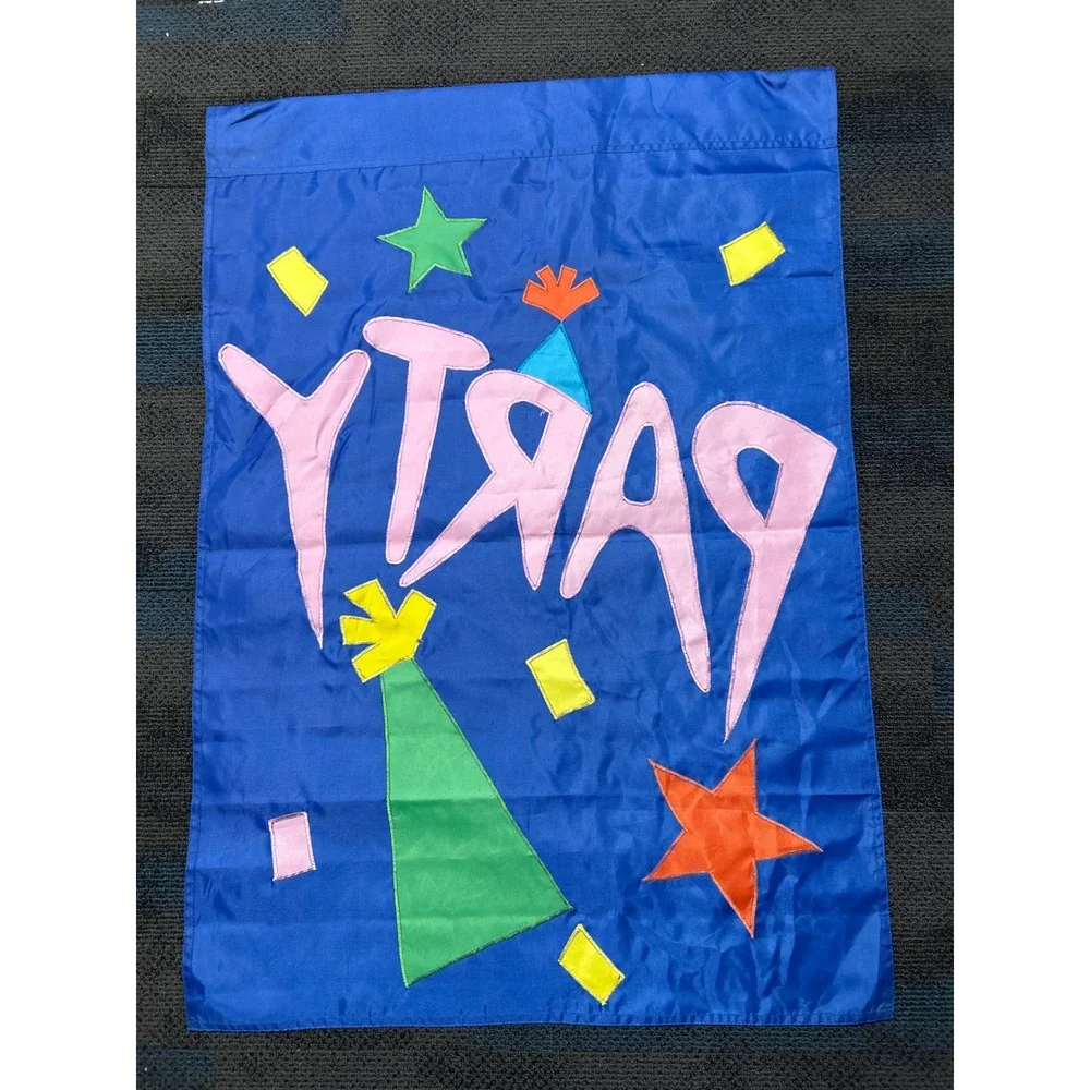 Birthday Party Garden Yard Flag Blue Applique Stars Hat 40x28 Vtg 90s Banner